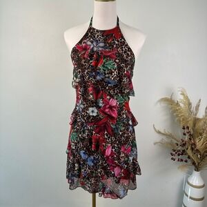 Madden Girl Floral Leopard Ruffle Halter Top Mini Dress Size M